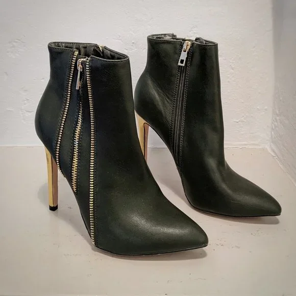 CATHERINE MALANDRINO Gold Stiletto Heel Zipper Detail Olive Green Ankle Boot Sz8 - Picture 10 of 12